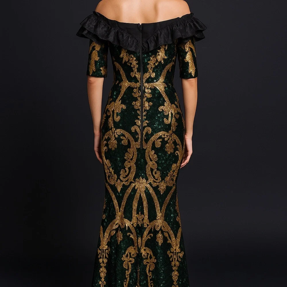 Elegant emerald Green and Gold Off-Shoulder Dress size 1XL - Picture 6 of 9